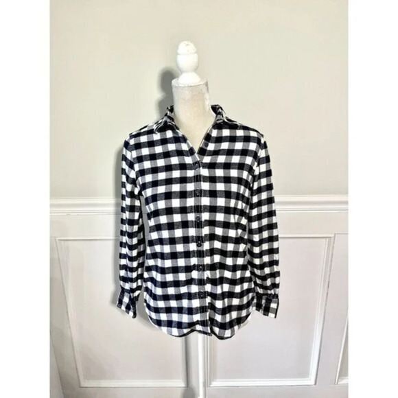 Lands' End Black & White Plaid Flannel Button Down Top 2P - Picture 1 of 4